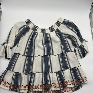 Navy/Cream Bold Striped Embroidered/Ruffle Bohemian Blouse,‎ Size Med/Large